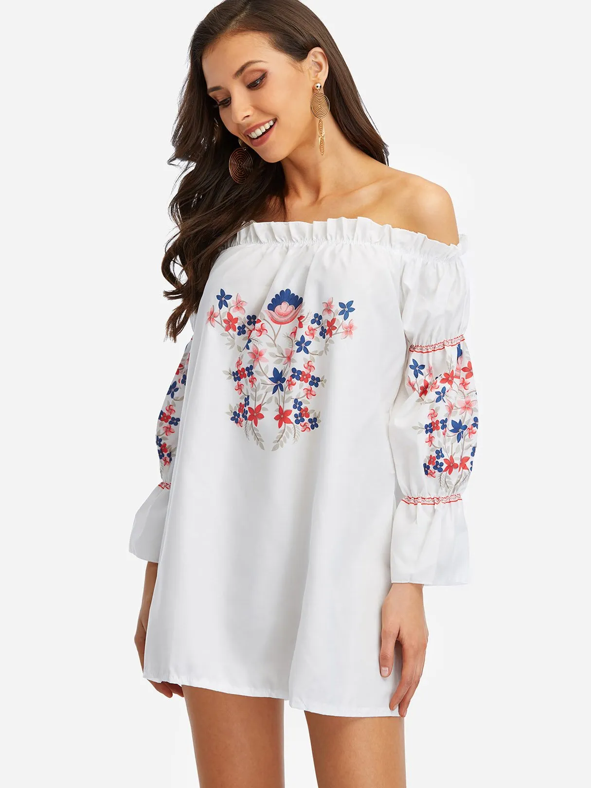 Wholesale Off The Shoulder 3/4 Sleeve Length Floral Print Dresses
