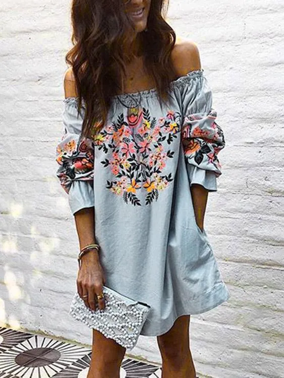 Wholesale Off The Shoulder 3/4 Sleeve Length Floral Print Dresses