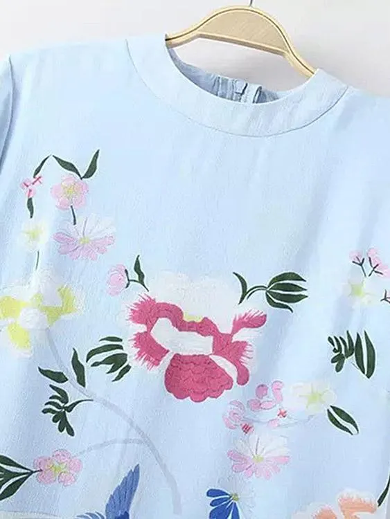 Wholesale Round Neck Short Sleeve Floral Print Zip Back Slit Hem Dresses