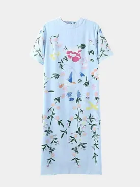 Wholesale Round Neck Short Sleeve Floral Print Zip Back Slit Hem Dresses