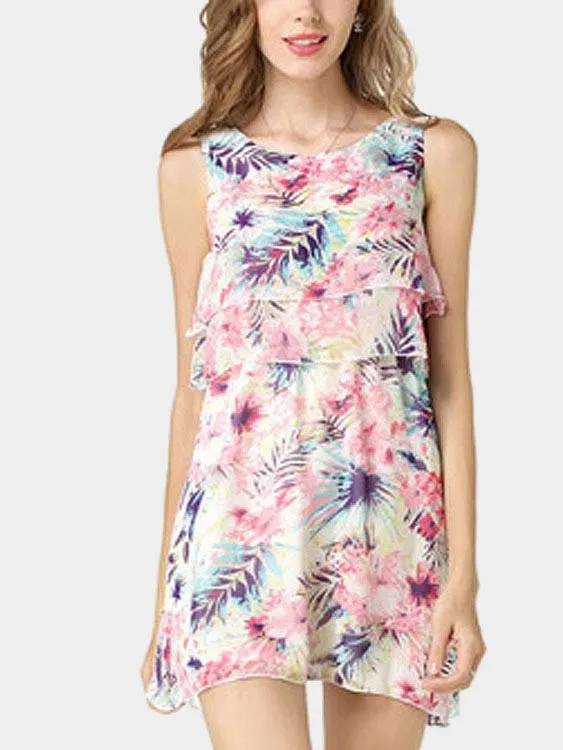Wholesale Round Neck Sleeveless Floral Print Dresses