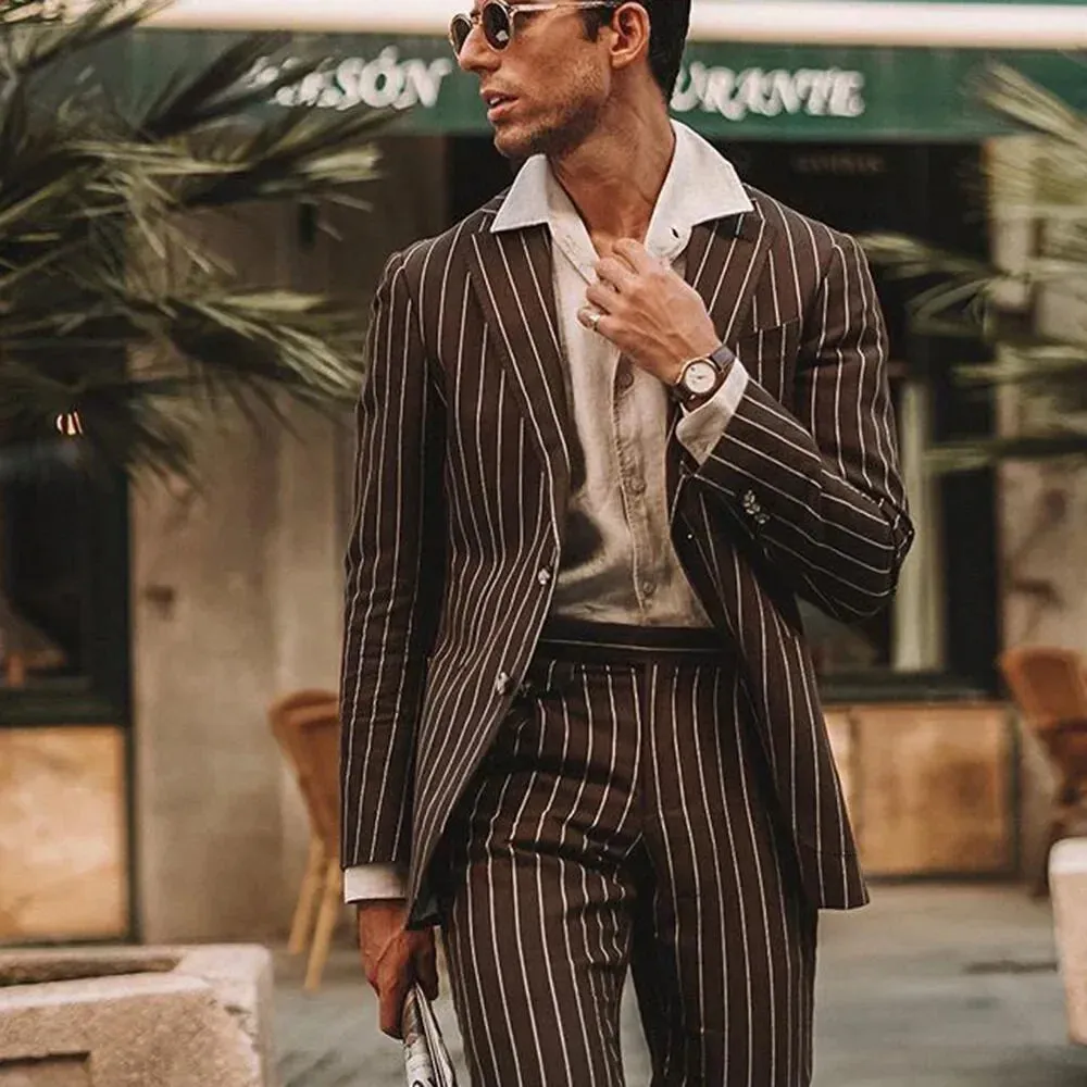 WIAOFELLAS  -  Brown Striped Men Suits 2 Piece Fashion Smart Casual Formal Wear Custom Made Handsome Party Business Office Work Male Suit