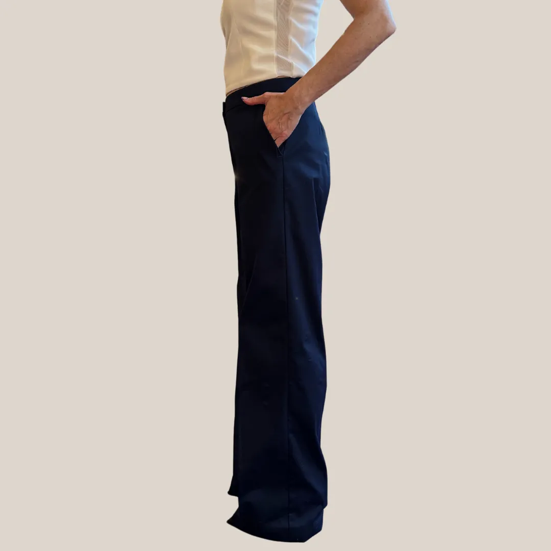 Wide Leg Cotton Pants - Navy