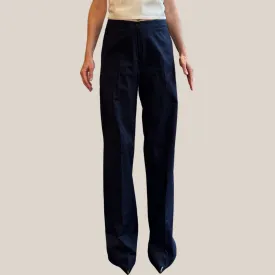 Wide Leg Cotton Pants - Navy