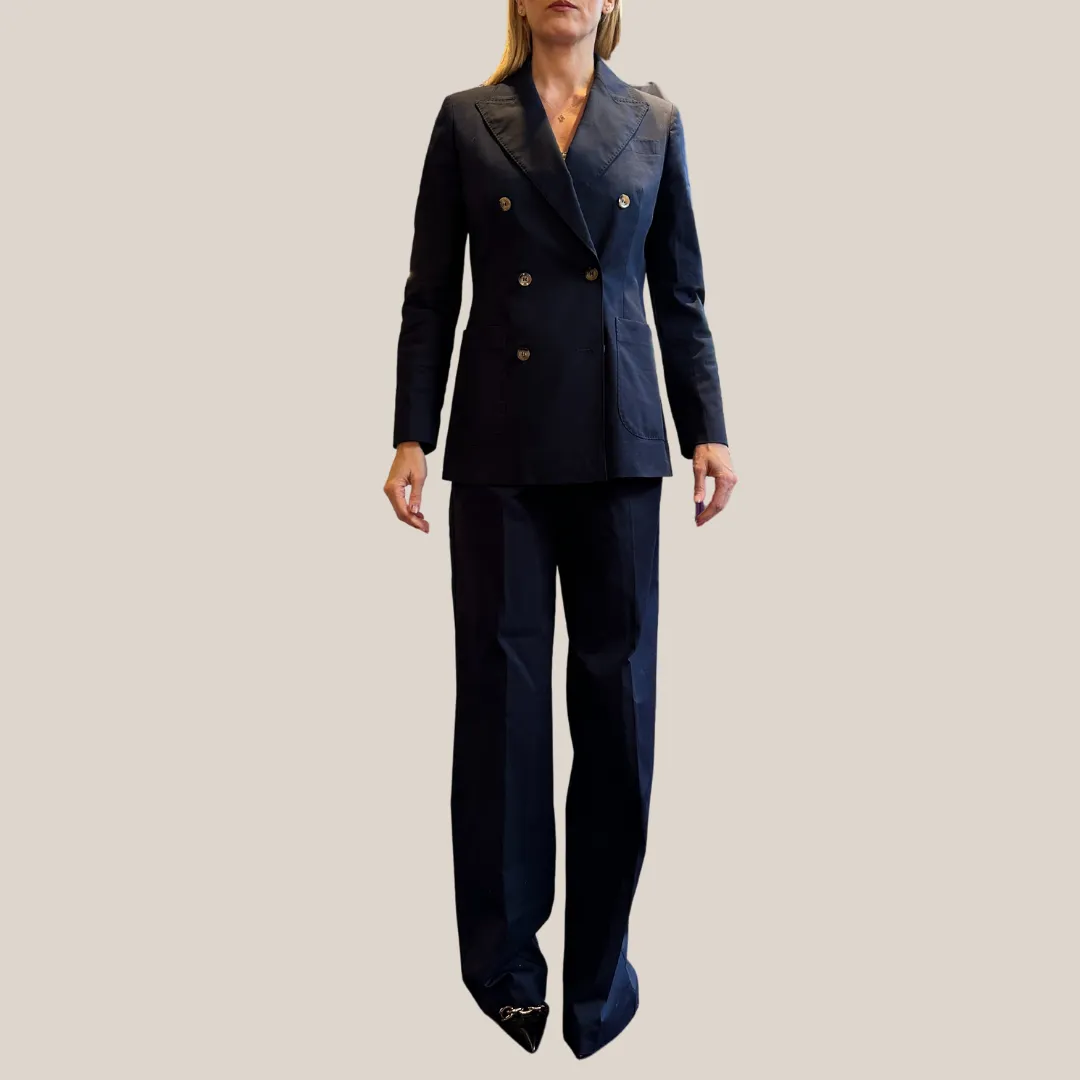Wide Leg Cotton Pants - Navy