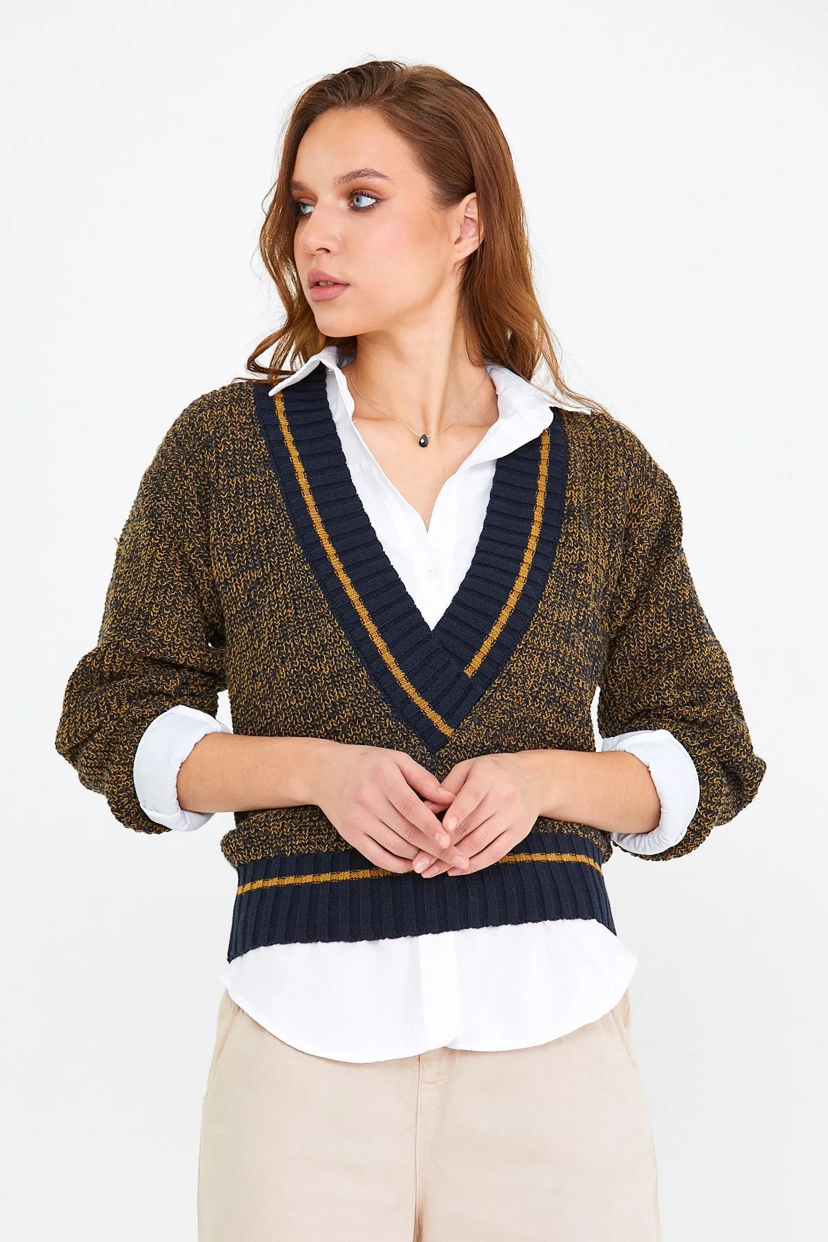 Women-s Gray Wide V-neck Thessaloniki Knitwear Sweater