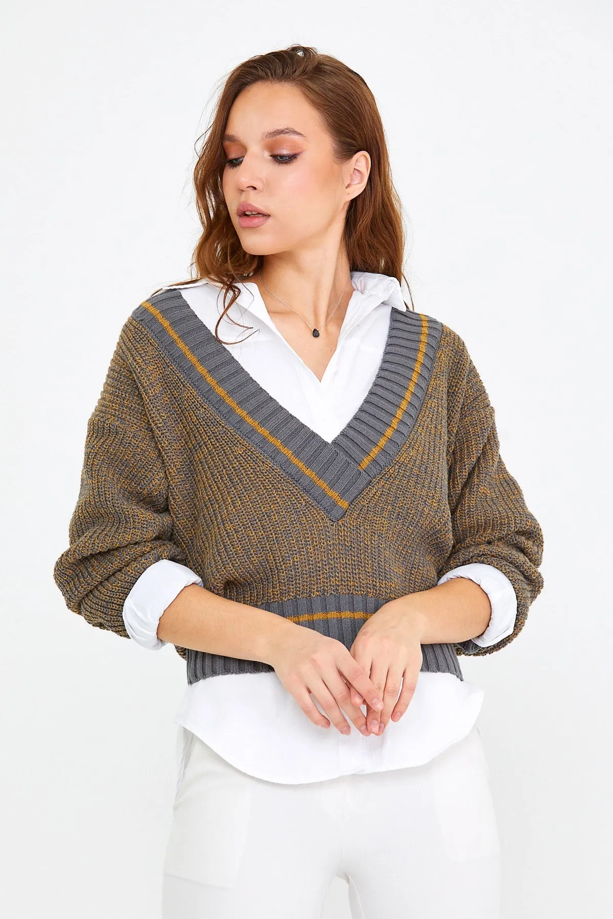 Women-s Gray Wide V-neck Thessaloniki Knitwear Sweater