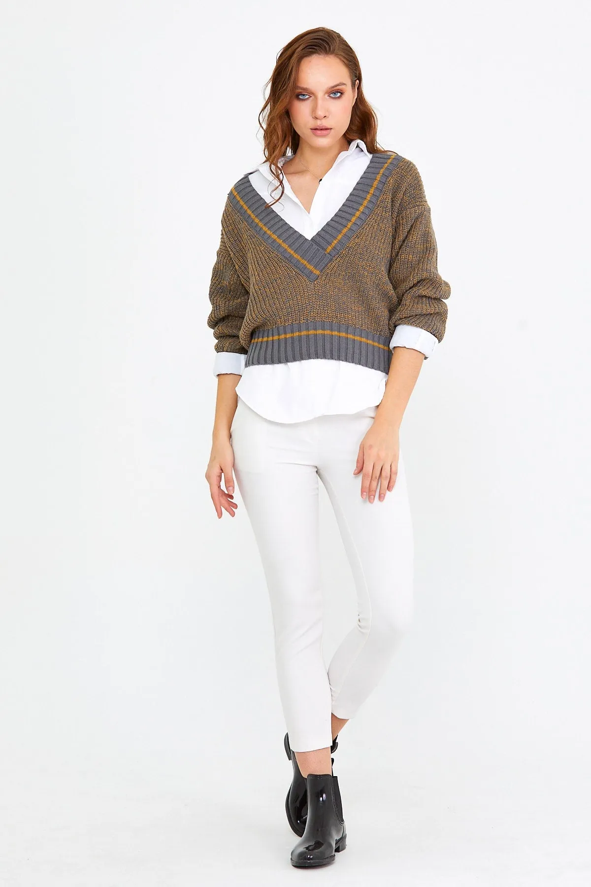 Women-s Gray Wide V-neck Thessaloniki Knitwear Sweater