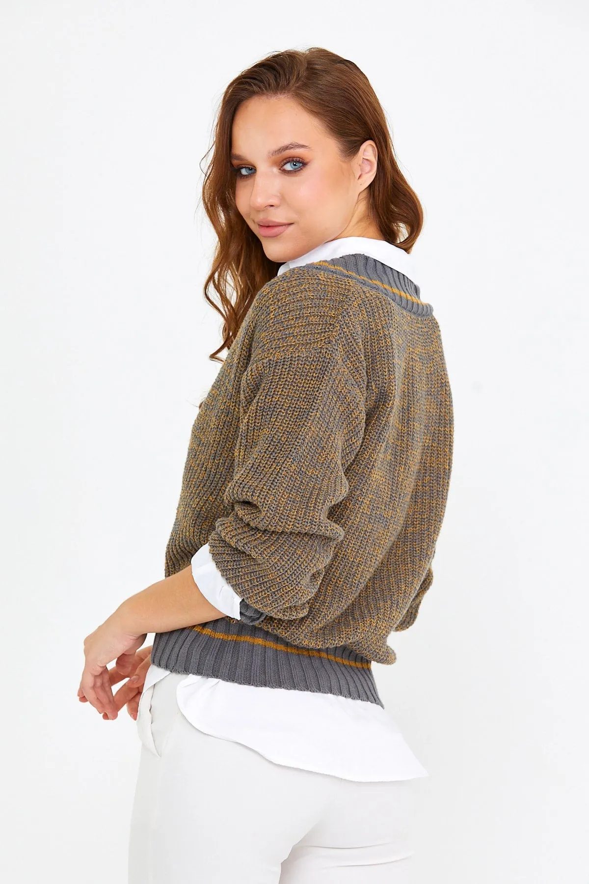 Women-s Gray Wide V-neck Thessaloniki Knitwear Sweater