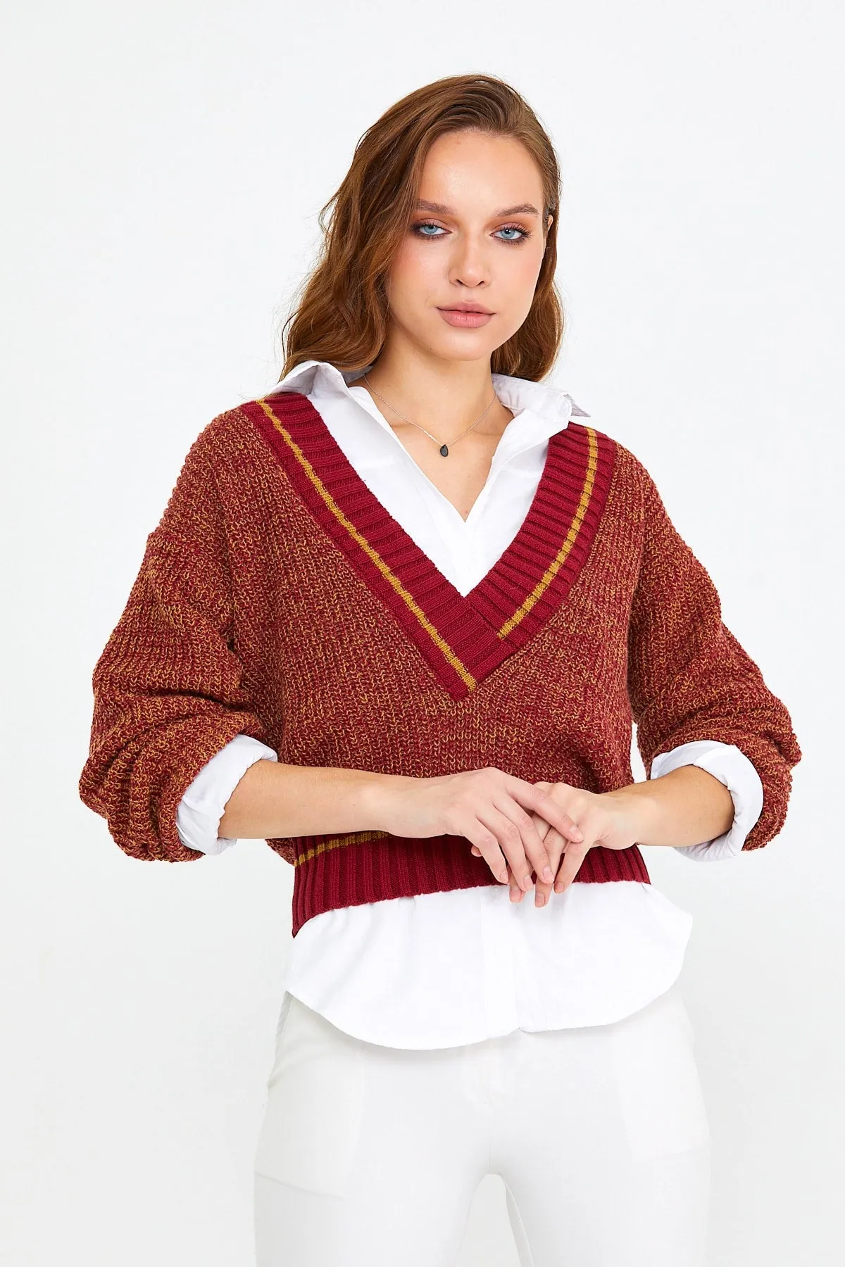 Women-s Gray Wide V-neck Thessaloniki Knitwear Sweater
