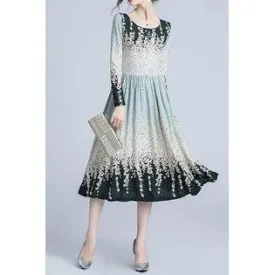 Women Spectacular Printed Pattern Long Sleeve Round Neck Short Easily Wearable Evening Party Dress - C2201KMD