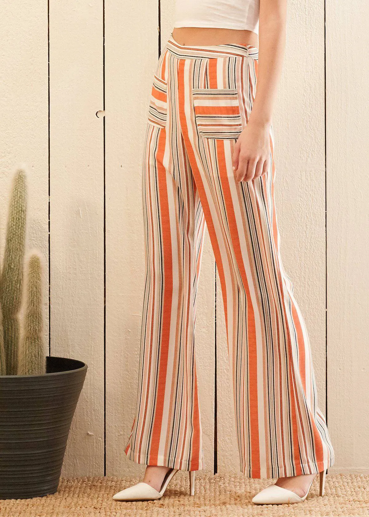 Women's High-waisted Palazzo in Rust Multi Stripe Pants by Shop at Konus
