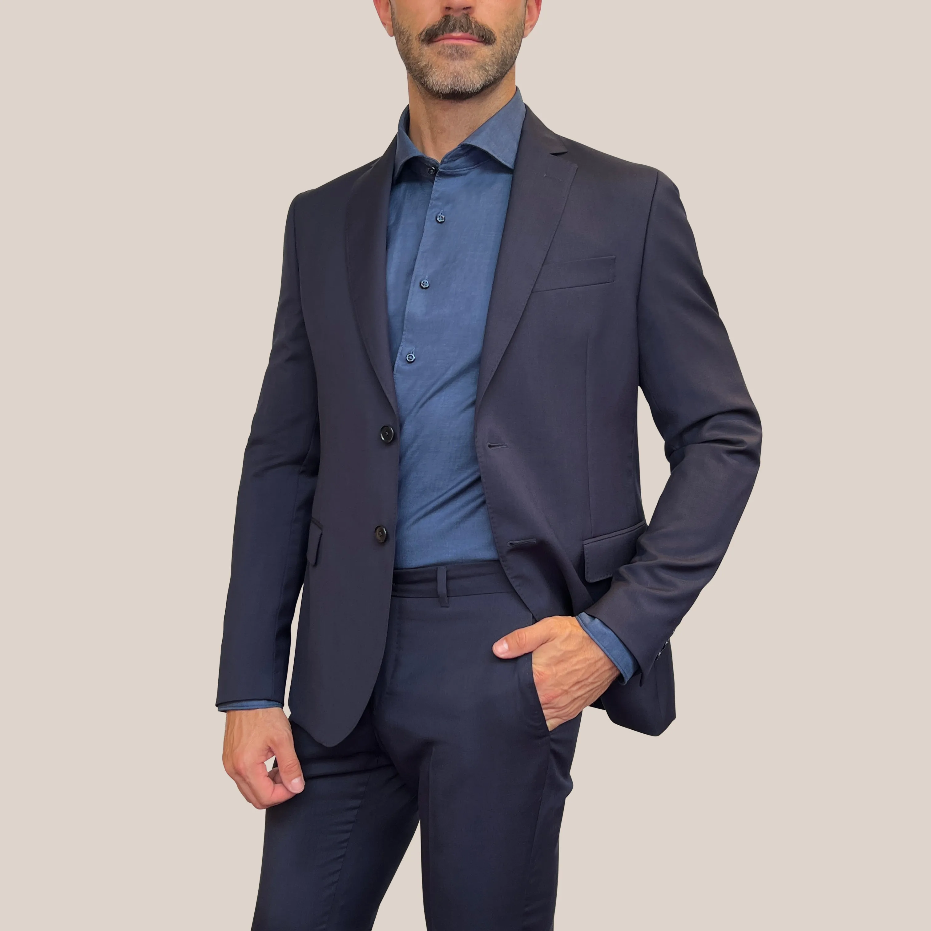 Wool Blazer with Pick Stitching - Navy