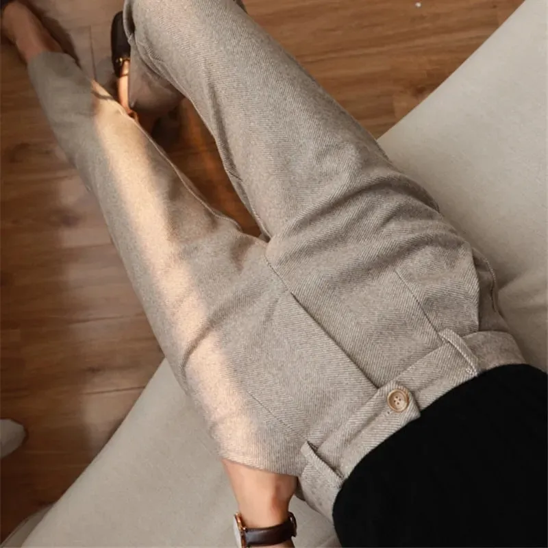 Woolen High Waisted Casual Suit Pants